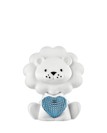 bomboniera battesimo Leoncino Bianco con Cuore Celeste Brillantinato